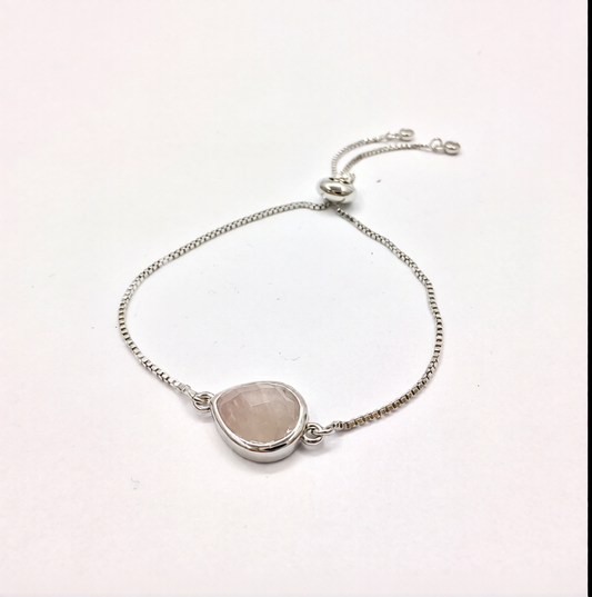 Rose Quartz Faceted Drop Silver Plated Brass Chain Adjustable Chain Bracelet