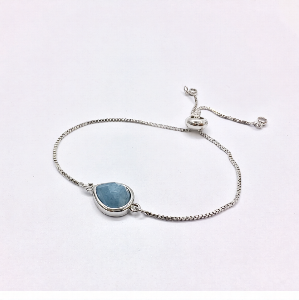 Aquamarine Faceted Drop Silver Plated Brass Chain Adjustable Chain Bracelet