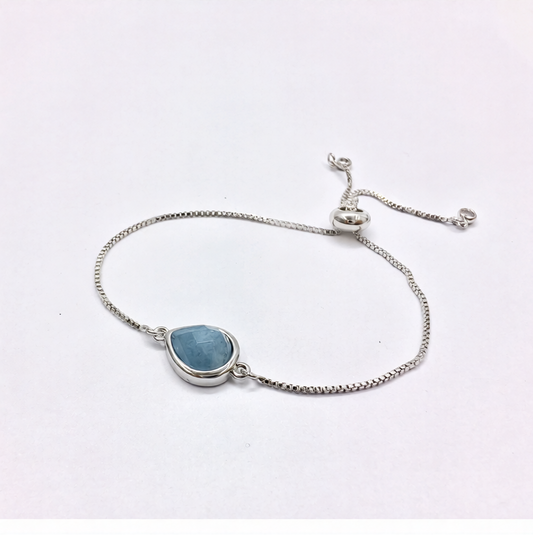 Aquamarine Faceted Drop Silver Plated Brass Chain Adjustable Chain Bracelet