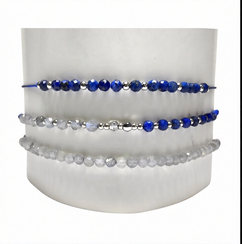 Faceted 3MM Lapis Lazuli & Labradorite Adjustable String Bracelets