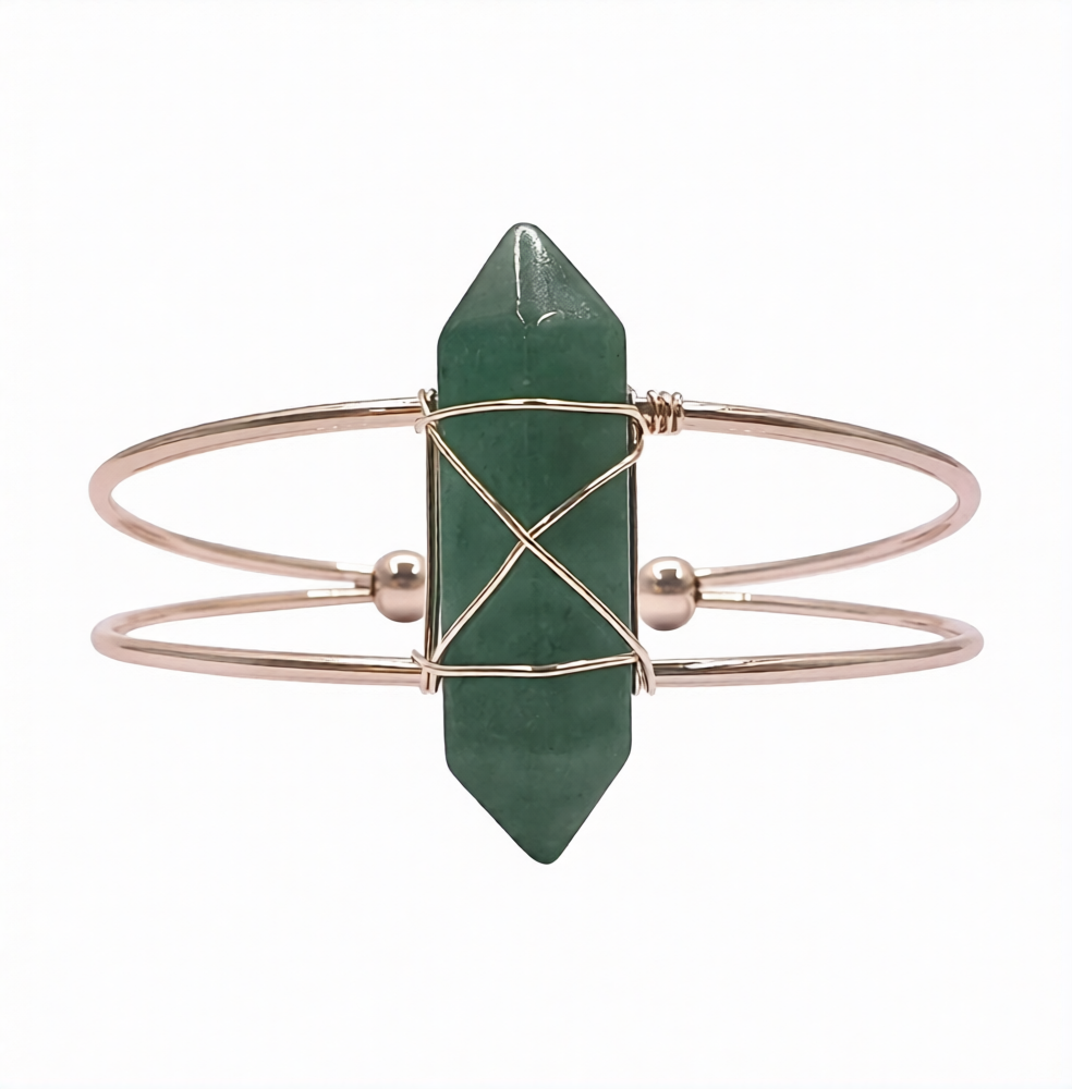 Green Aventurine D/T Point Wrapped Brass Rose Gold Metal Cuff 2 Wire Bracelet