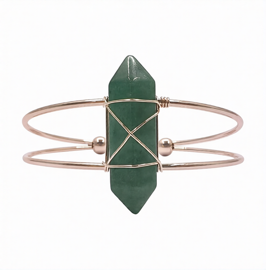 Green Aventurine D/T Point Wrapped Brass Rose Gold Metal Cuff 2 Wire Bracelet