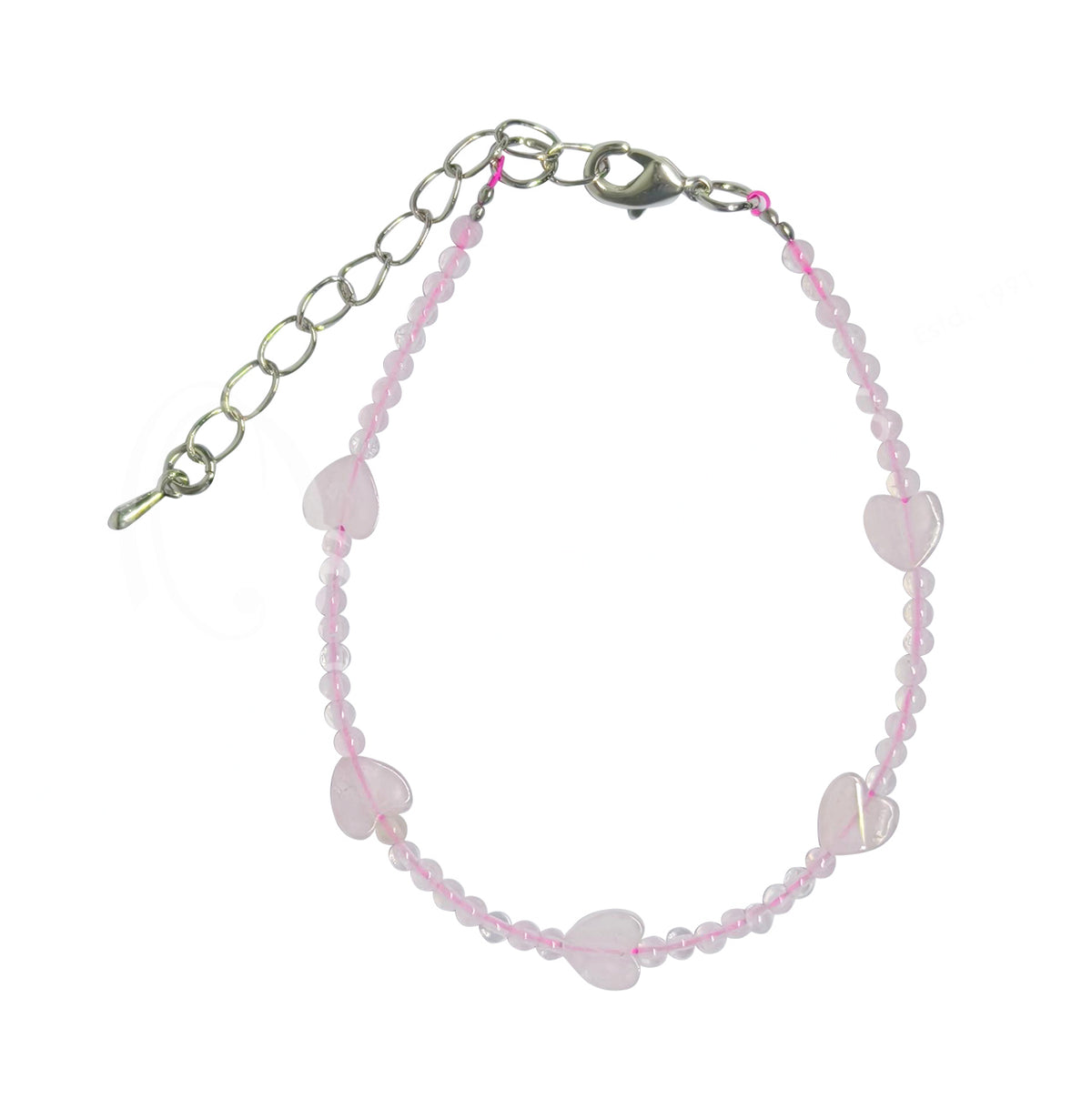 Rose Quartz 2mm Beaded With 6mm Hearts Adjustable Link Bracelet For Kids