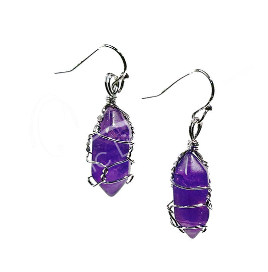 Amethyst D/T Point Silver Wire Wrapped Brass Earrings