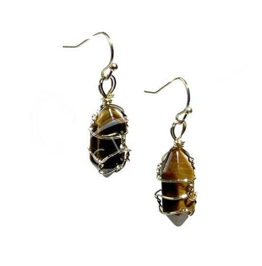 Tiger Eye D/T Point Wire Wrapped Brass Earrings