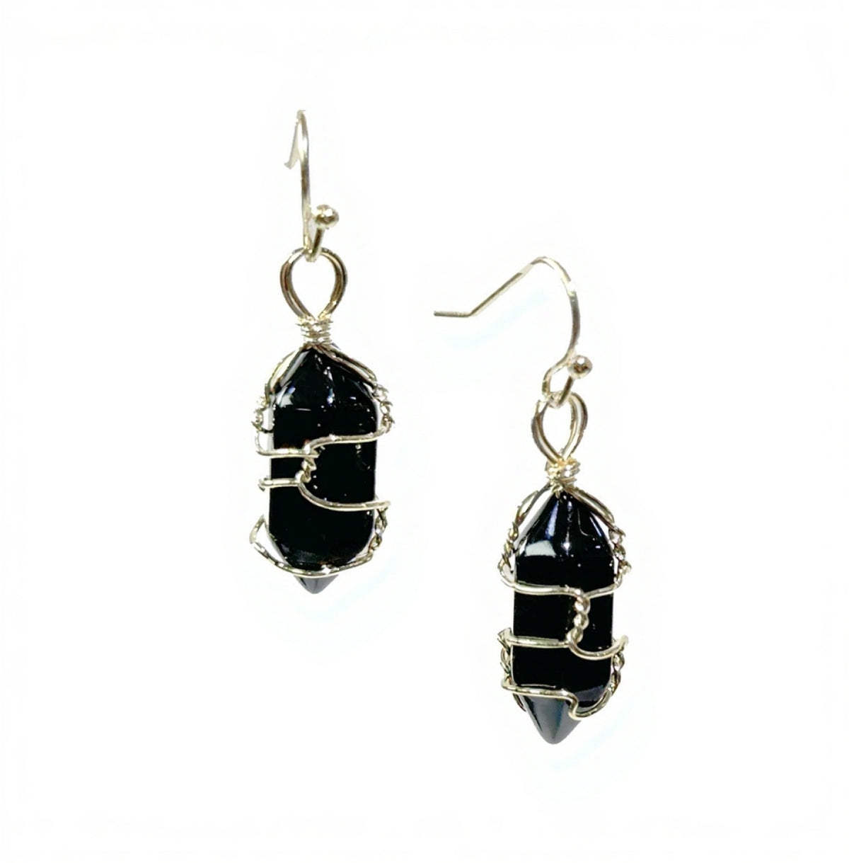 Black Obsidian D/T Point Wire Wrapped Brass Earrings