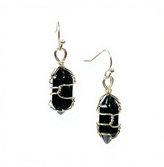 Black Obsidian D/T Point Wire Wrapped Brass Earrings