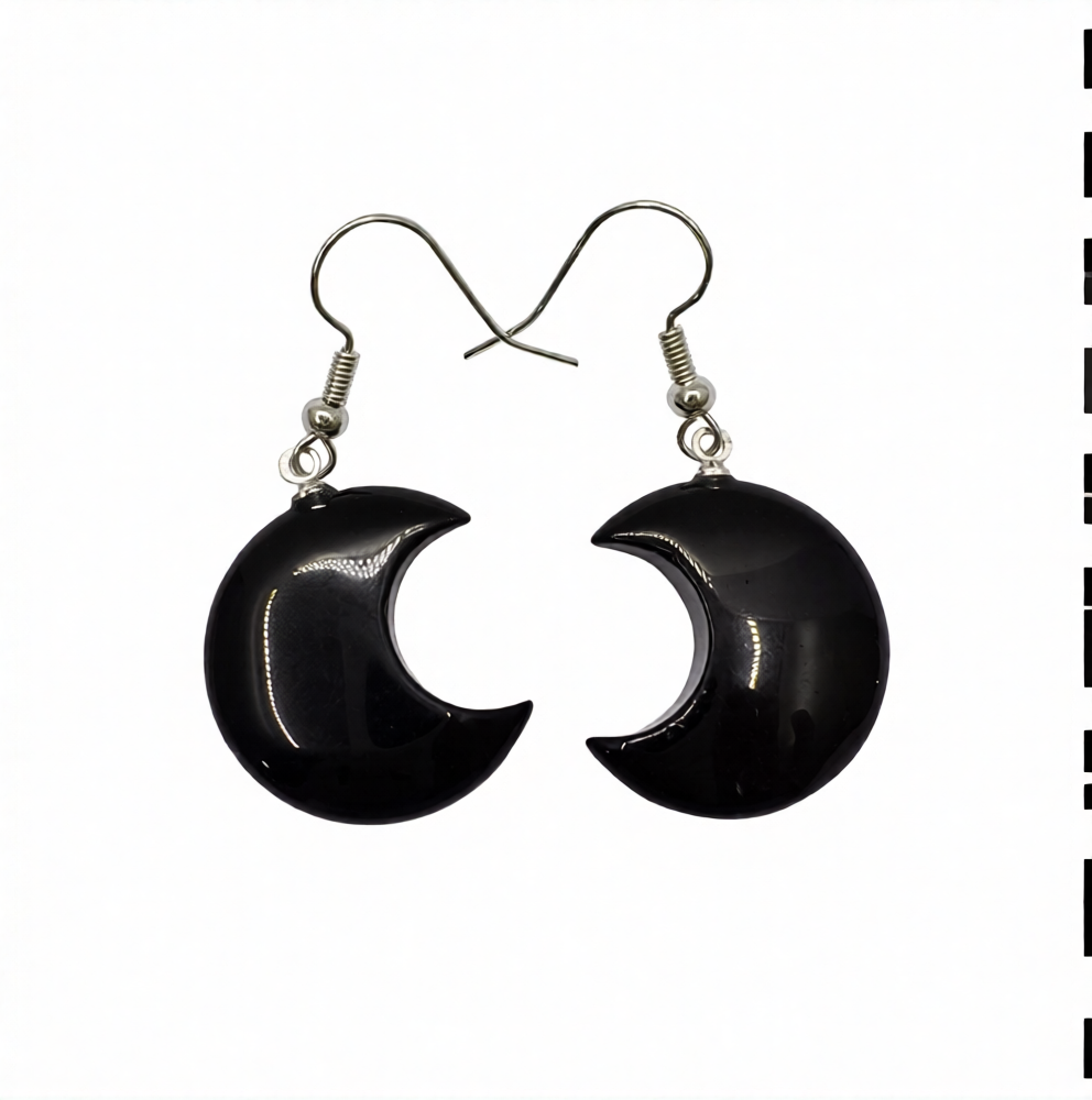 Black Obsidian Moon 22MM Plated Brass Earrings