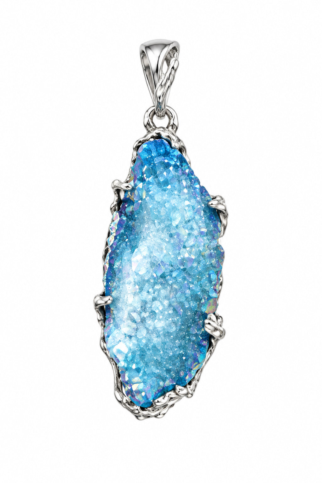Aqua Aura Quartz Cluster Point Claw Set Sterling Silver Pendant