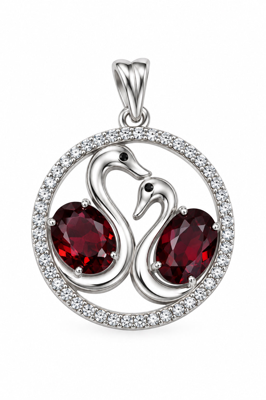 Garnet Swans Silver Plated Copper Pendant