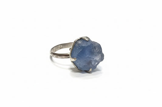 Blue Fluorite Raw Claw Set Beated Band Sterling Silver Ring Size 8