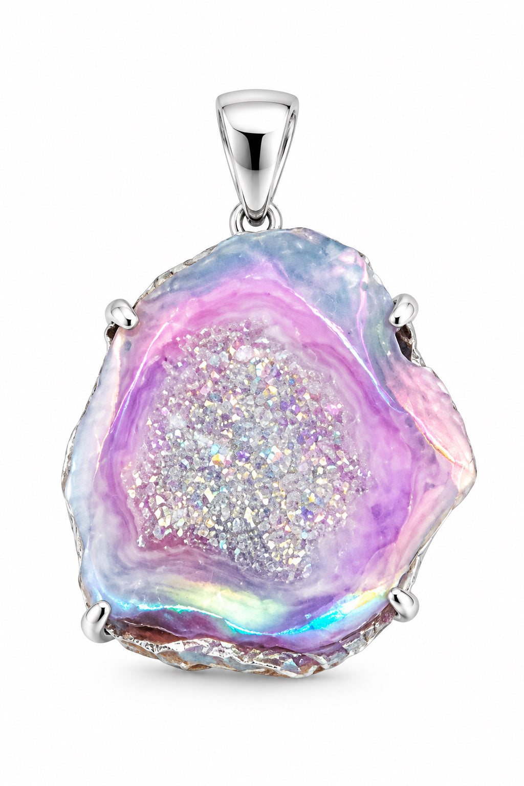 Angel Aura Druzy Agate Geode Claw Set Sterling Silver Pendant