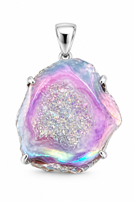Angel Aura Druzy Agate Geode Claw Set Sterling Silver Pendant