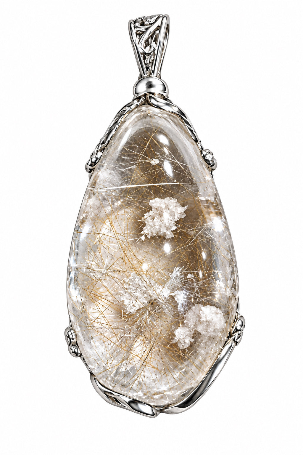 Shamanic Garden Quartz Lodolite Teardrop Cabochon Wrapped Pendant #A