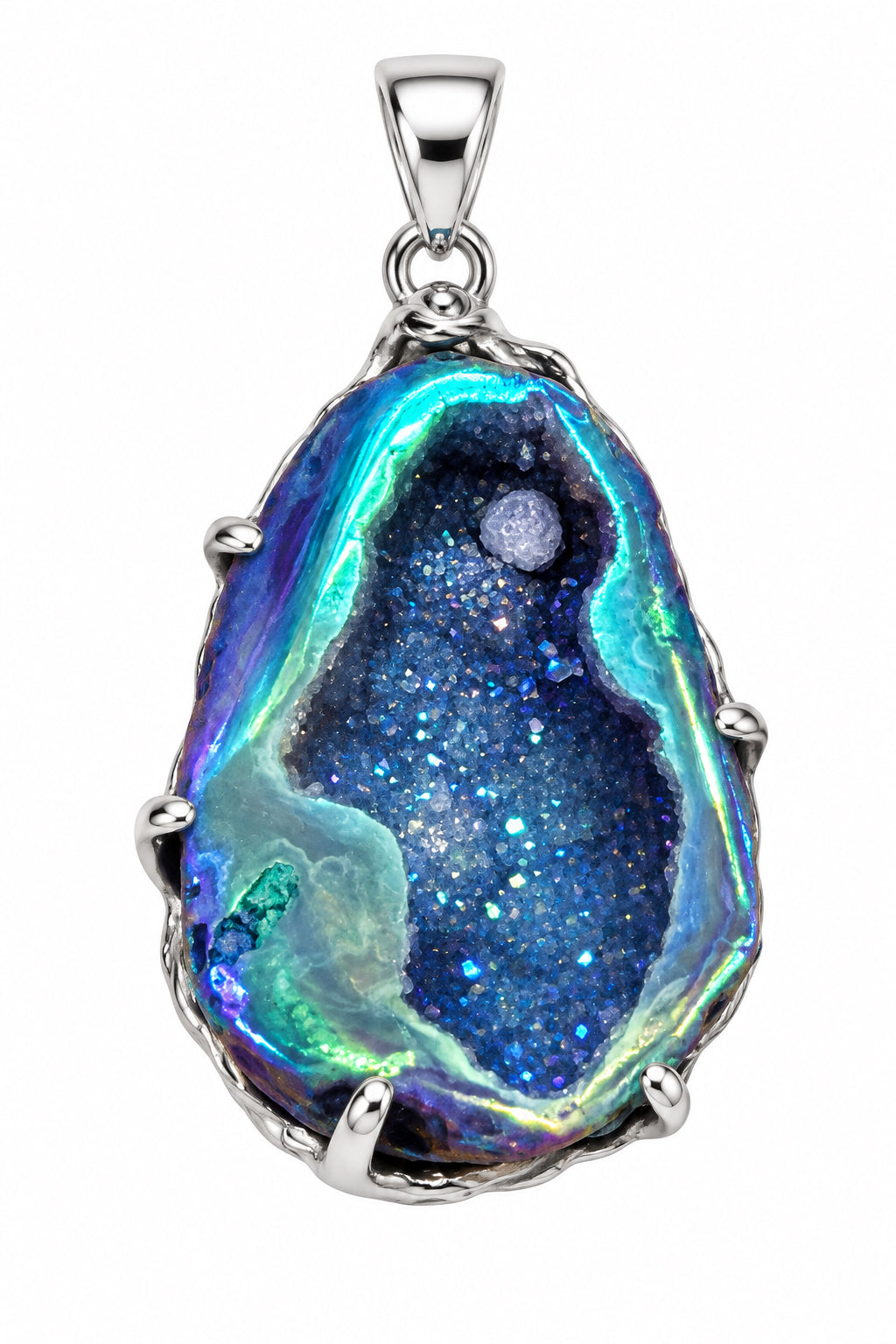 Titanium Aura Druzy Agate Geode Polished Back Claw Set Sterling Silver Pendant