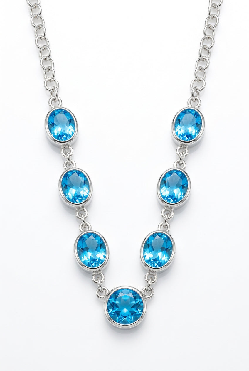 Blue Topaz Faceted Oval 7 Stone Sterling Silver Necklace