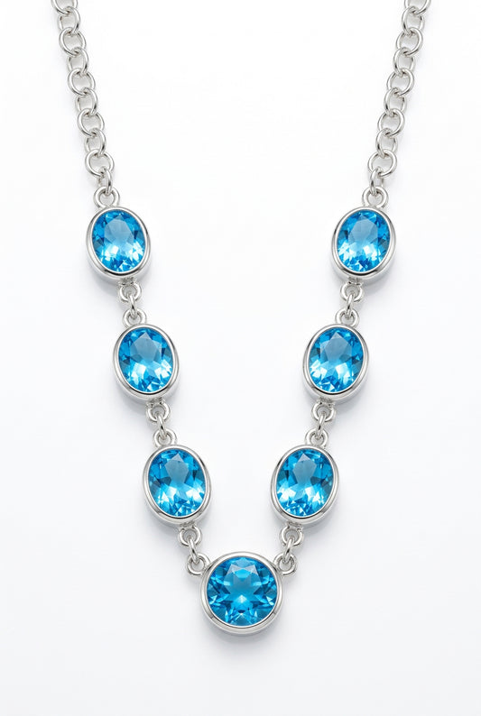 Blue Topaz Faceted Oval 7 Stone Sterling Silver Necklace
