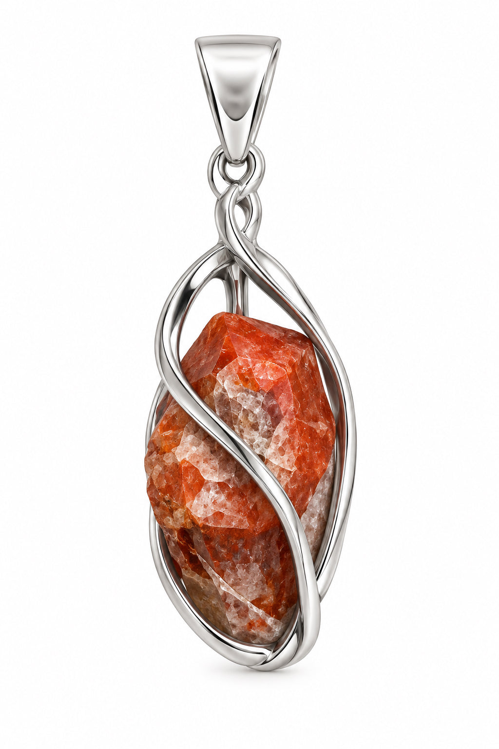 Natural Red Quartz Point In Spiral Cage Sterling Silver Pendant