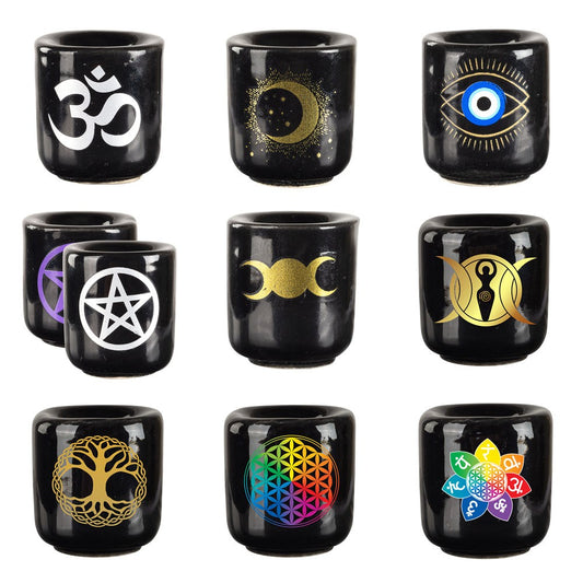 Triple Moon Goddess MINI CANDLE HOLDERS WITH DESIGN 1.25" Holds .5" Candles