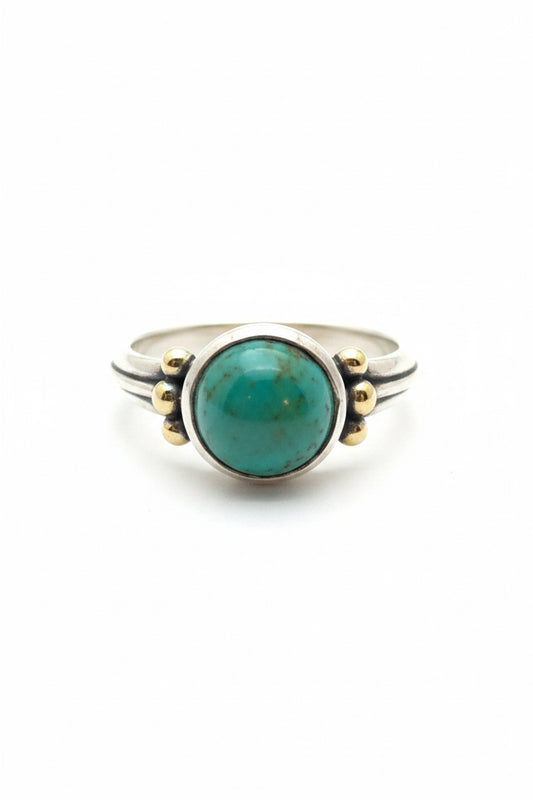 Chrysocolla Round 3 Rava Band Sterling Silver Ring Size 8