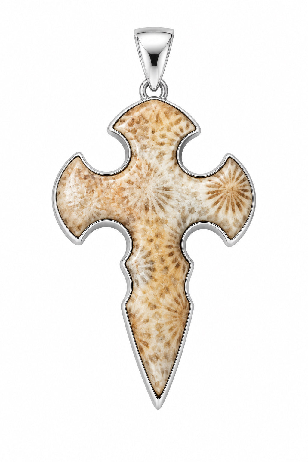 Cross Shaped Coral Fossil .925 Sterling Silver Pendant