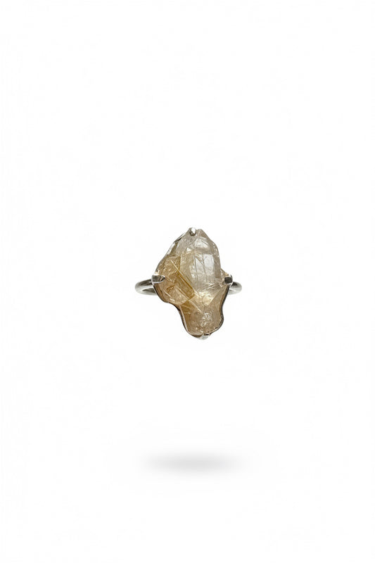 Rutilated Quartz Cluster Claw Set Beated Band Sterling Silver Ring Size 7