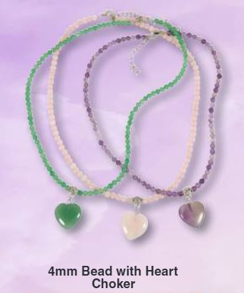 4mm Gemstone Bead Choker Mala Necklace with Heart & Adjustable Clasp
