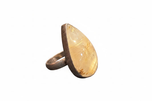 Rutilated Quartz Drop Cab Sterling Silver Ring Size Adjustable