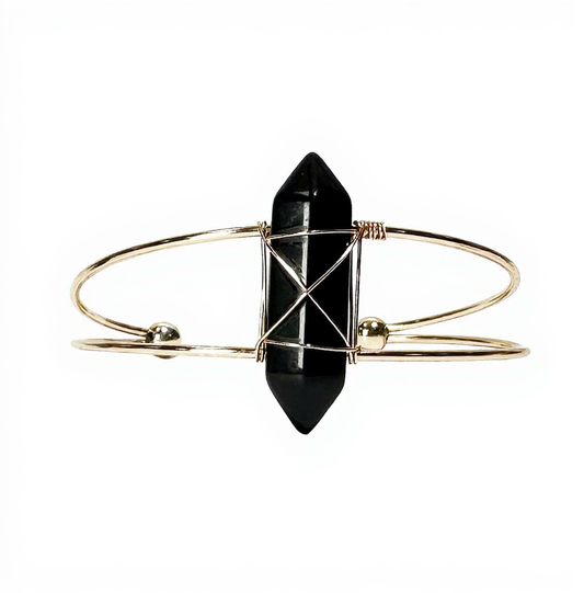 Black Obsidian D/T Point Wrapped Brass Gold Metal Cuff 2 Wire Bracelets