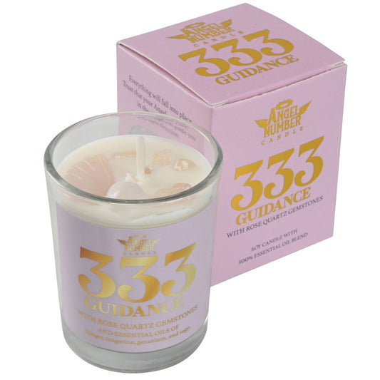 Angel Number 333 Guidance Candle with Rose Quartz Gemstones