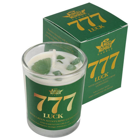 Angel Number 777 Luck Candle with Green Aventurine Gemstones