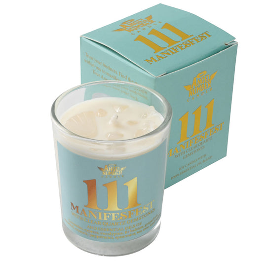 Angel Number 111 Manifesfest Candle with Clear Quartz Gemstones