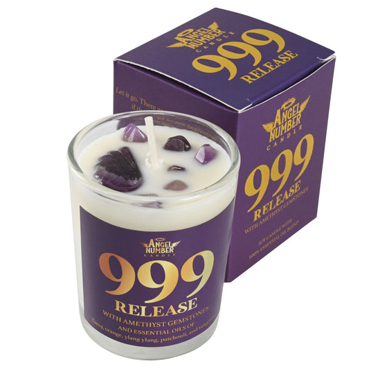 Angel Number 999 Release Candle with Amethyst Gemstones