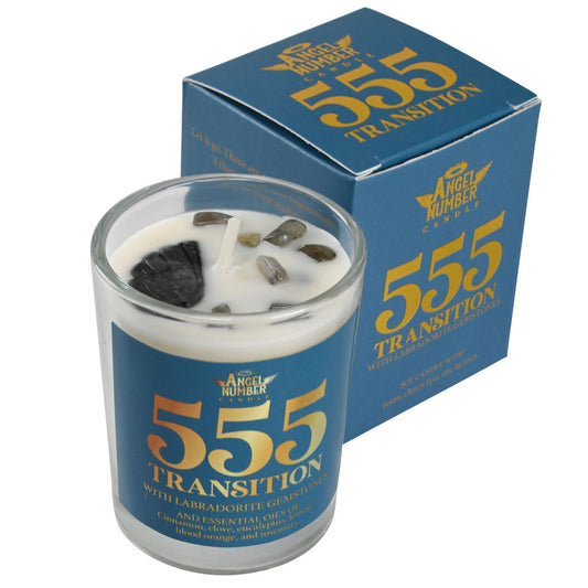 Angel Number 555 Transition Candle with Labradorite Gemstones