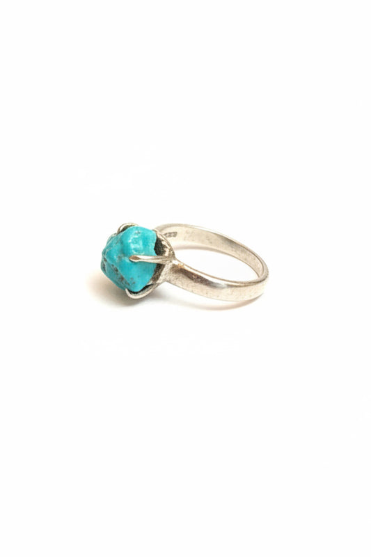 Turquoise Nugget Natural Claw Set Beated Band .925 Sterling Silver Ring Size 6