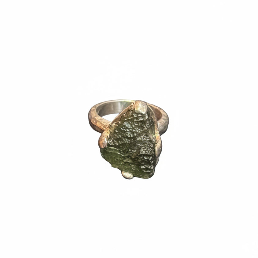 Moldavite Natural Claw Set .925 Sterling Silver Size 8