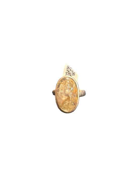 Rutilated Quartz Oval Cab Beated Band.925 Sterling Silver Ring Size 8
