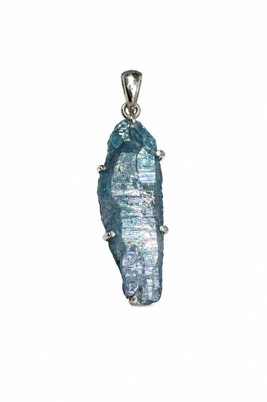Aqua Aura Quartz Natural Claw Set Sterling Silver Pendant