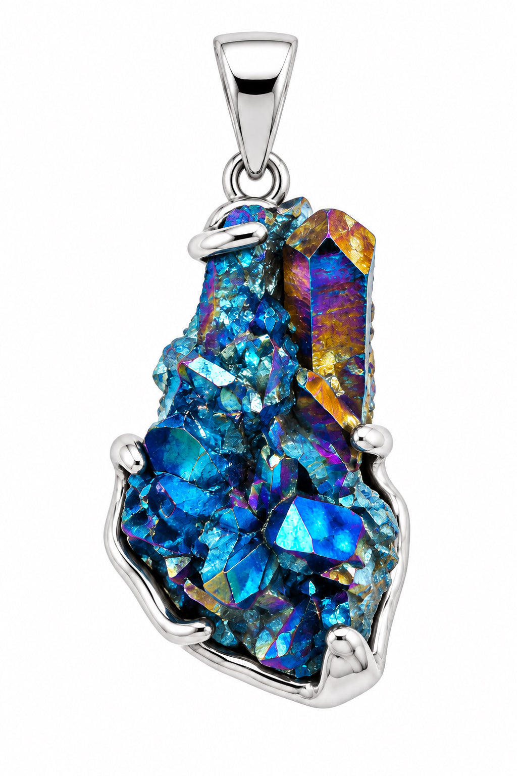 Titanium Aura Quartz Cluster Claw Set Sterling Silver Pendant