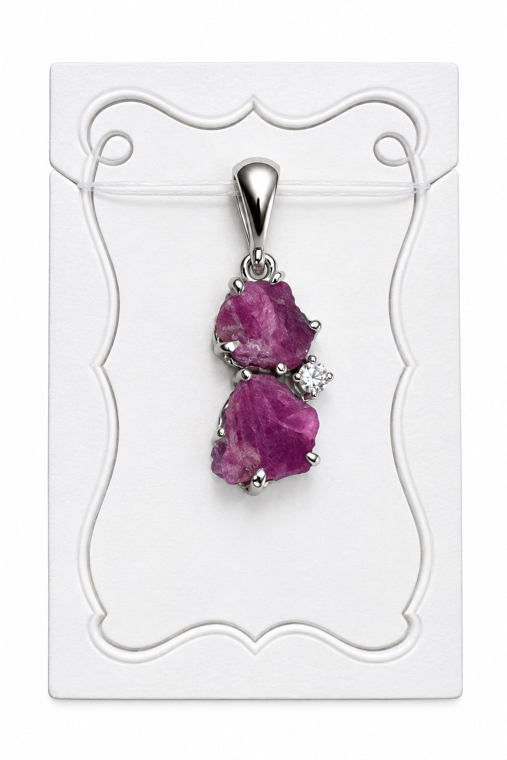 Ruby Raw 2 Stone with White Topaz Claw Set Sterling Silver Pendant
