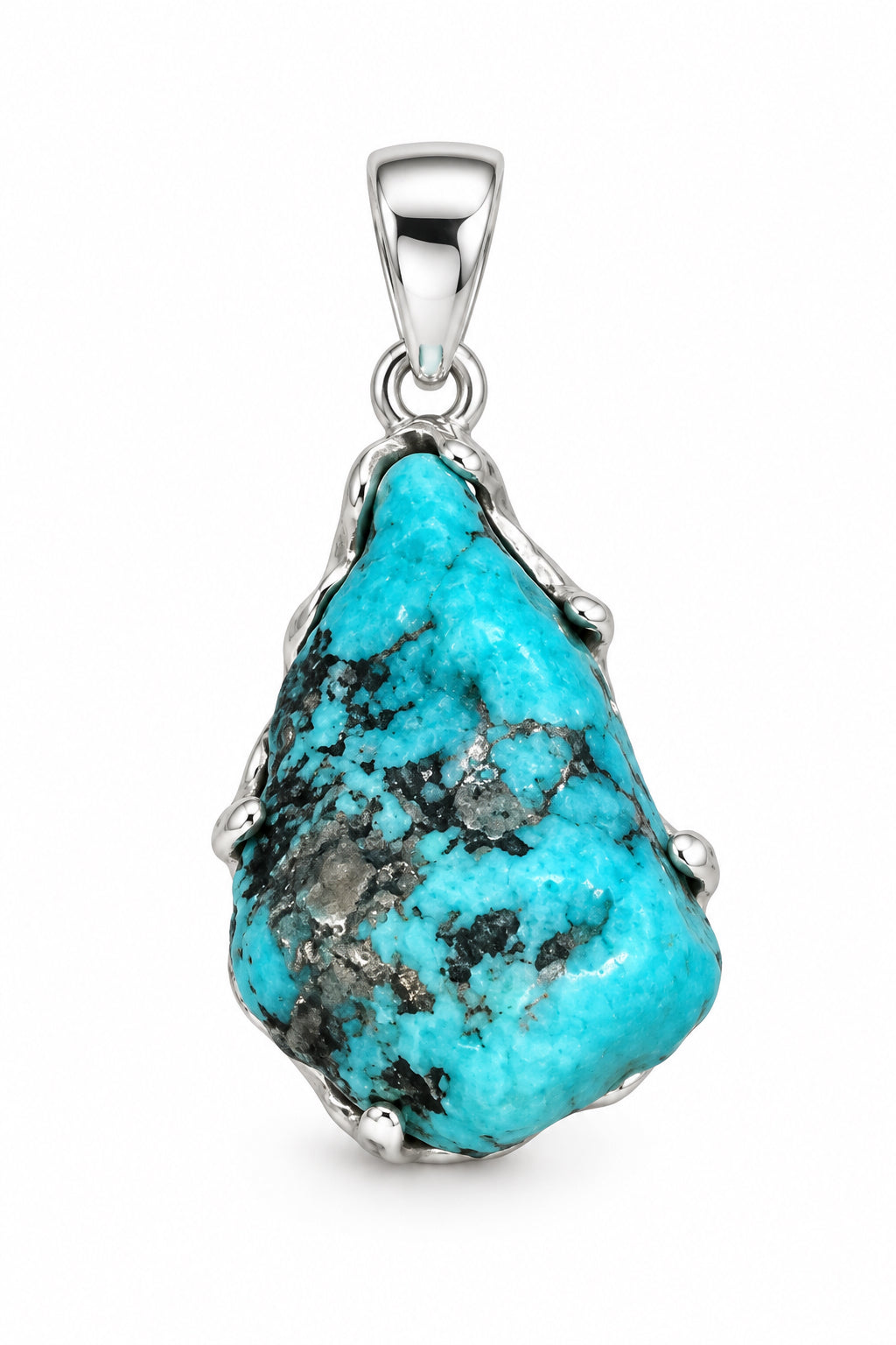 Turquoise Nugget Rhodium Plated Claw Set Sterling Silver Pendant