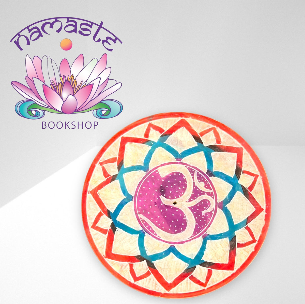 Om Carved Soapstone Incense Burner Holder Plate 4 Inch at Namaste Bookshop near Union Square, NYC