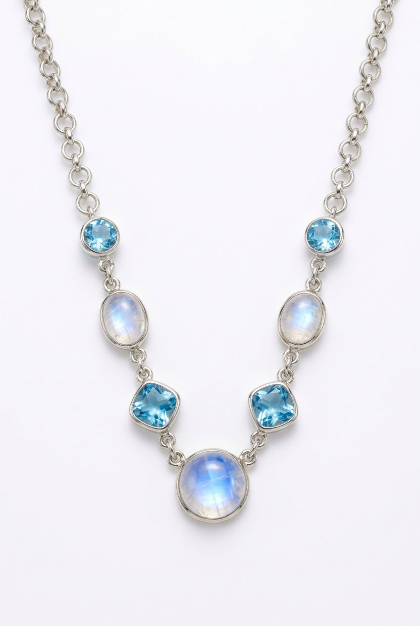 Blue Topaz & Rainbow Moonstone .925 Silver Necklace