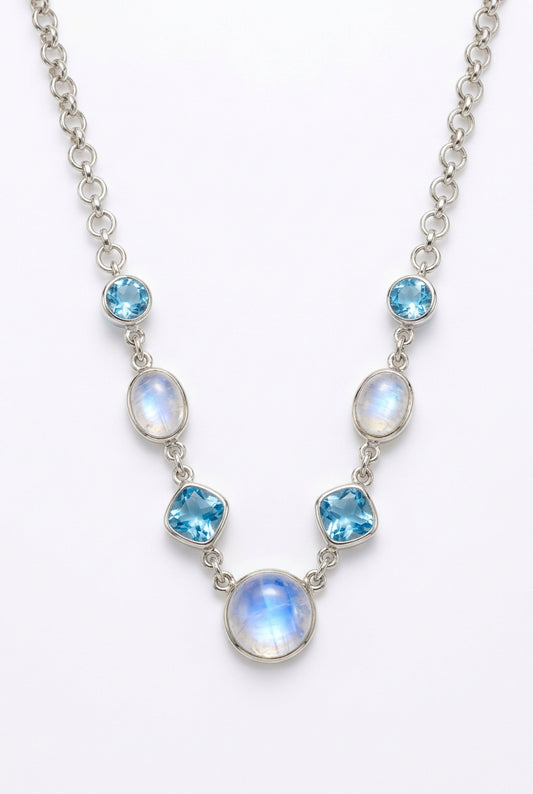 Blue Topaz & Rainbow Moonstone .925 Silver Necklace