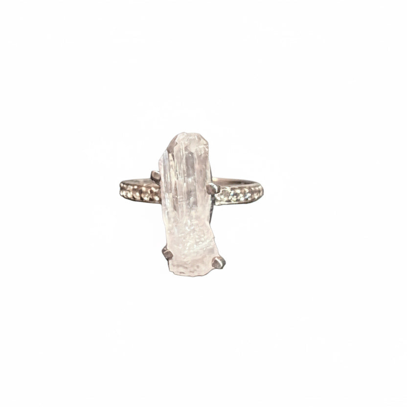 Danburite Natural Point with Accent White Topaz Claw Set .925 Sterling Silver Ring Size 9