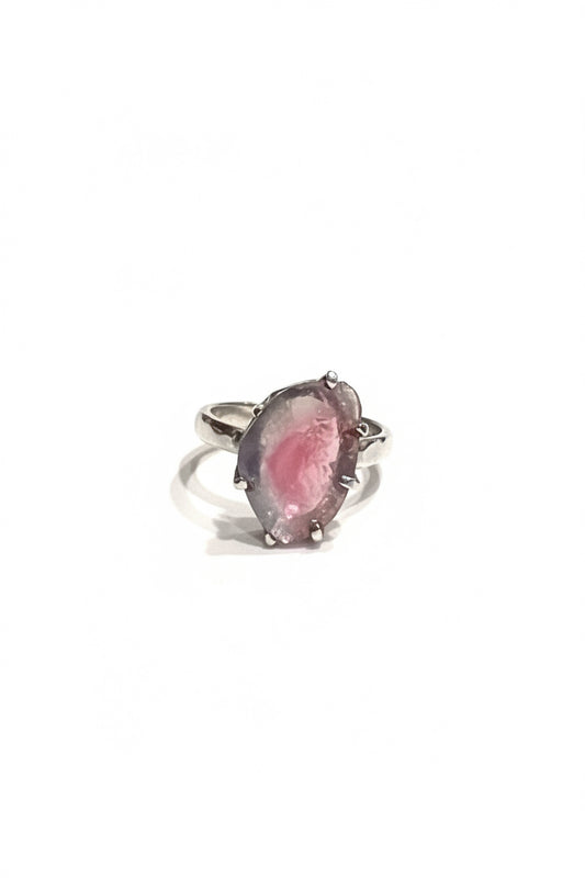 Watermalon Tourmaline Slice Claw Set Beated Band Sterling Silver Ring Size 7