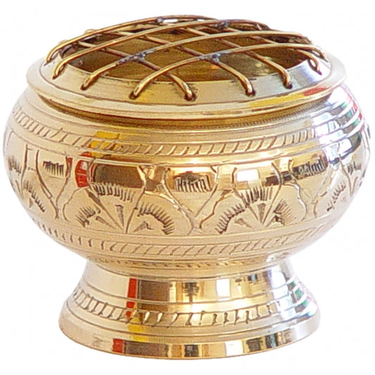 Brass Burner Flower Engraved Large with Grid - Gold