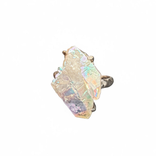 Angel Aura Quartz Cluster Claw Set Beated Band Sterling Silver Ring Size 9