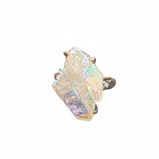 Angel Aura Quartz Cluster Claw Set Beated Band Sterling Silver Ring Size 9
