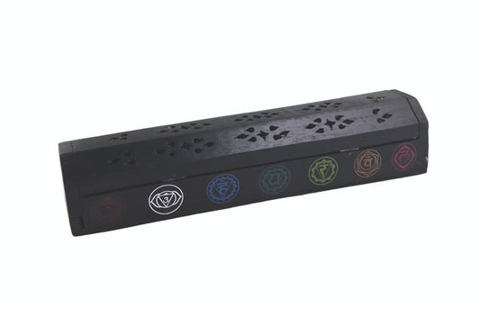 BLACK 7 CHAKRAS WOODEN INCENSE COFFIN BOX (12″)